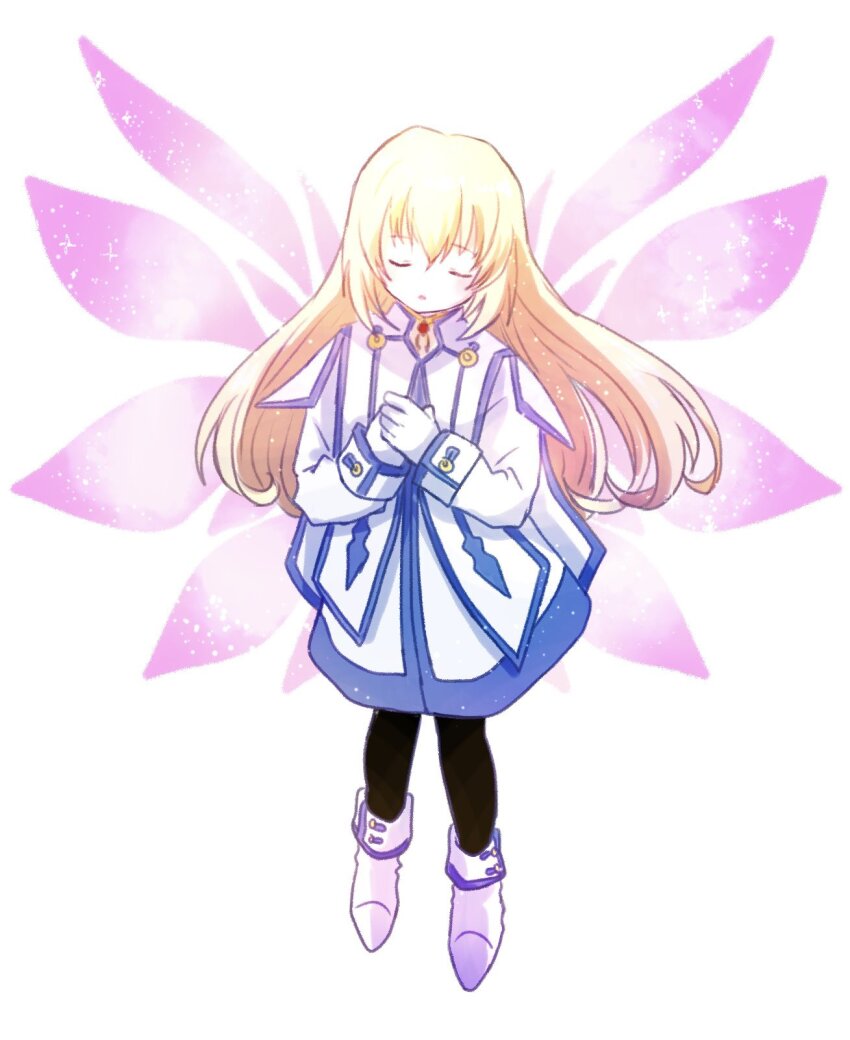 1girl, black_pantyhose, blonde_hair, blue_trim, boots, closed_eyes, colette_brunel, detached_wings, dress, full_body, gloves, highres, hzk882, long_hair, own_hands_together, pantyhose, simple_background, solo, stole, tales_of_(series), tales_of_symphonia, white_background, white_boots, white_dress, white_gloves, wings