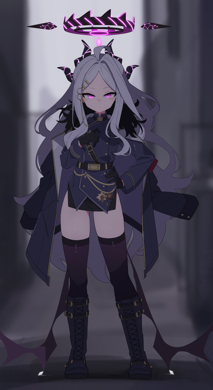 1girl, absurdres, ahoge, belt, black_horns, blue_archive, boots, demon_girl