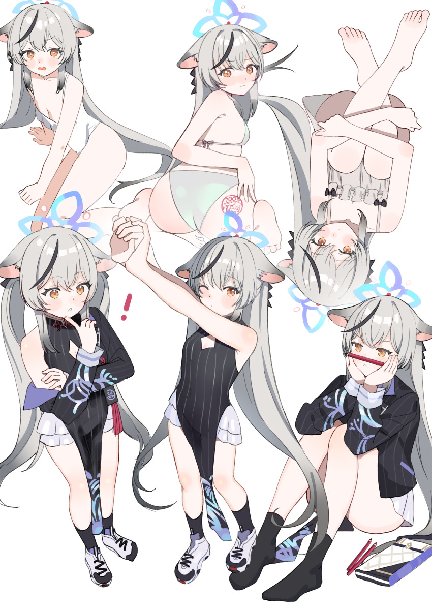 !, 1girl, absurdres, animal_ears, ass, bare_arms, barefoot, bikini