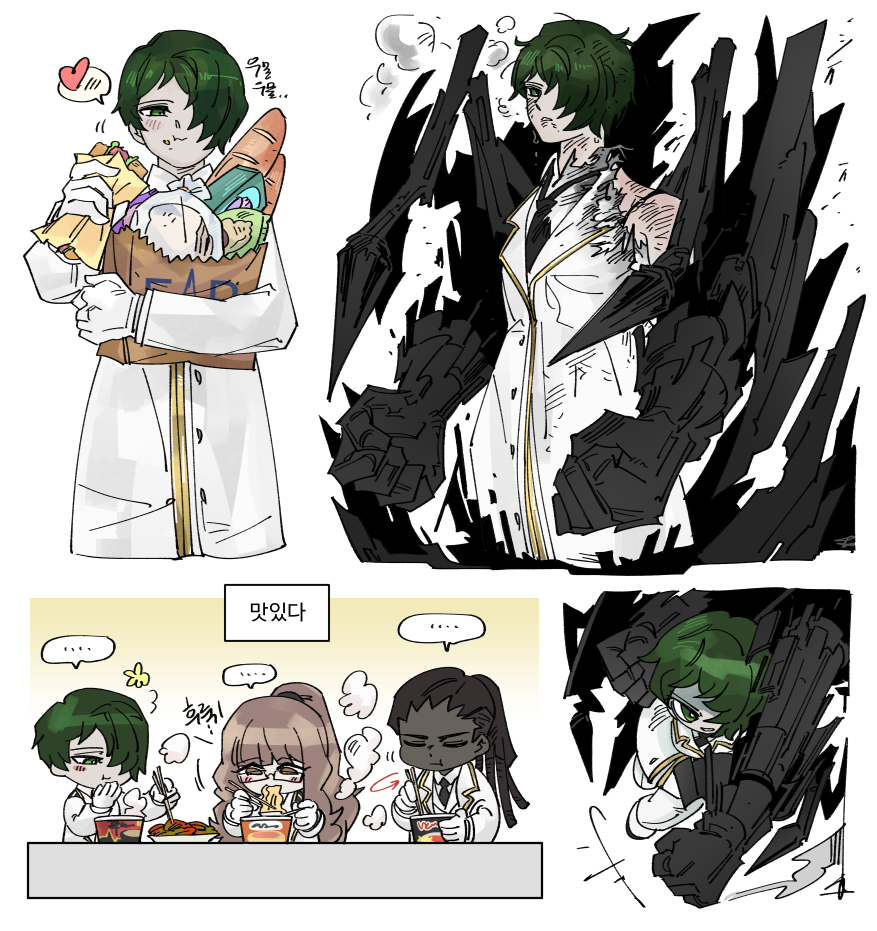 1boy, 2girls, battle_damage, brown_hair, chopsticks, coat, instant_cup_noodles, dark-skinned_male