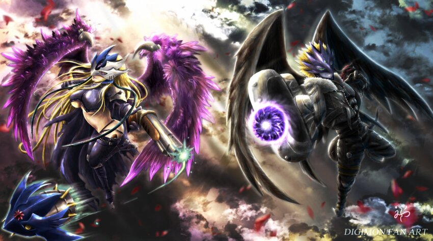 1boy, 1girl, arm_cannon, bandana, bandana_around_arm, beelstarmon, beelstarmon_x-antibody, beelzebumon, beelzebumon_blast_mode, beelzebumon_x-antibody, black_coat, black_feathers, black_jacket, black_wings, blonde_hair, coat, colored_skin, crop_top, cropped_jacket, demon, digimon, digimon_(creature), eye_mask, feathered_wings, feathers, fur-trimmed_jacket, fur_trim, green_eyes, grey_skin, gun, highres, holding, holding_gun, holding_weapon, jacket, lipstick, long_hair, makeup, mask, omiyakoo, open_clothes, open_jacket, powering_up, purple_feathers, purple_wings, red_bandana, short_hair, smirk, weapon, wings