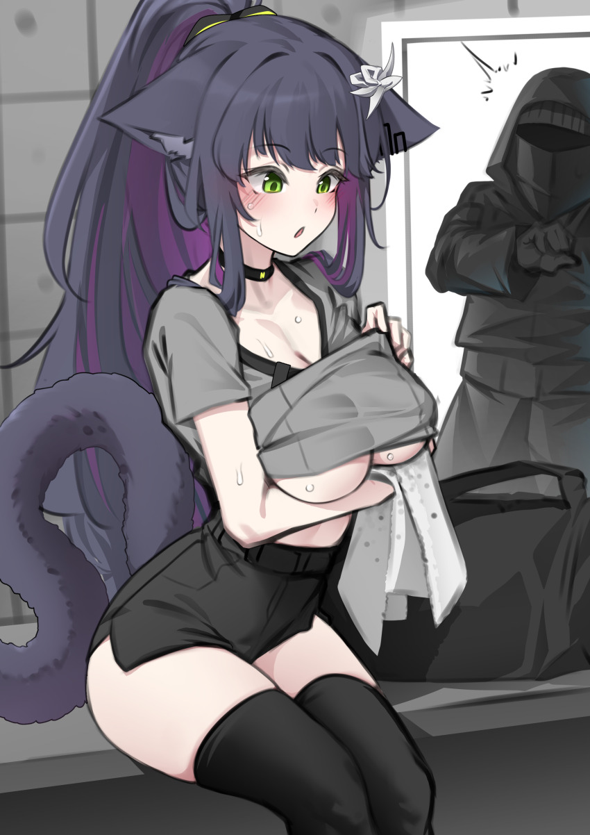 1boy, 1girl, absurdres, animal_ears, arknights, black_bag, black_gloves, black_jacket, black_pants, black_thighhighs, blunt_bangs, blush, breasts, cat_ears, cat_girl, cat_tail, cleavage, doctor_(arknights), gloves, grey_shirt, hair_ornament, high_ponytail, highres, holding, holding_towel, jacket, jessica_(arknights), k0ng, large_breasts, locker, locker_room, long_hair, long_sleeves, notice_lines, on_bench, open_mouth, pants, ponytail, purple_hair, shirt, sidelocks, sitting, sweat, tail, thighhighs, thighs, towel, very_long_hair, walk-in, wiping_body, wiping_sweat, yellow_eyes