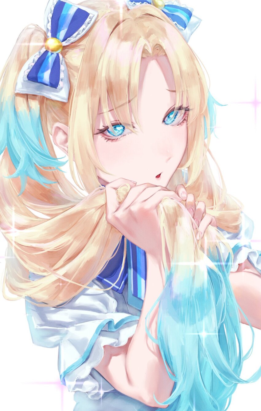 1girl, 365_days_(love_live!), blonde_hair, blue_bow, blue_eyes, blue_hair, blush, bow