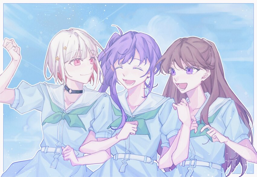 3girls, :d, ^_^, aqua_neckerchief, black_choker, blue_dress, blue_sky, bob_cut