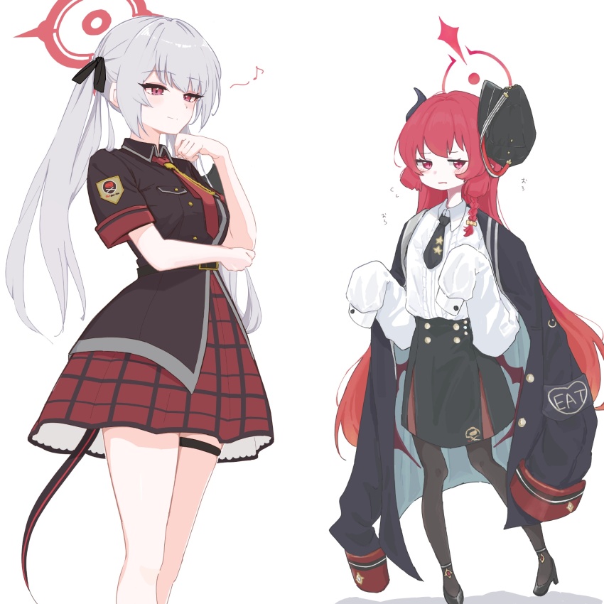 2girls, alternate_hairstyle, artist_collaboration, black_pantyhose, blue_archive, blush, commentary_request, cosplay