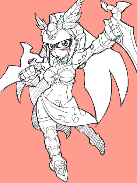 10s, android, blush, breasts, chibi, cleavage, gundam, large_breasts, long_hair, mecha, midriff, nobel_gundam, robot, robowaki, sarong, sd_gundam, sd_gundam_sangokuden, shukuyuu_gundam, simple_background, thighs, weapon