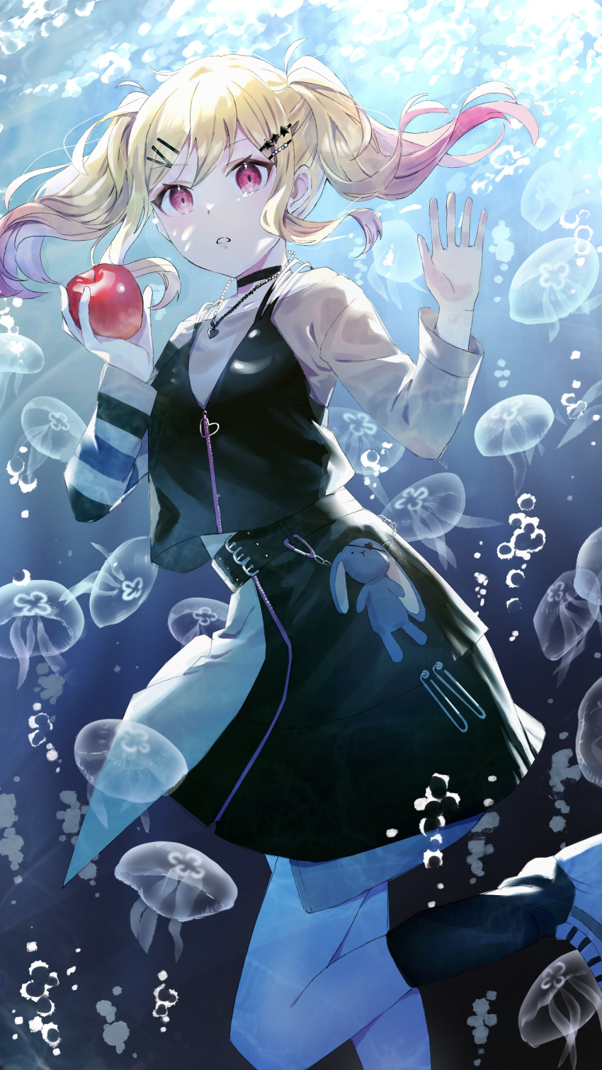 1girl, absurdres, black_skirt, black_socks, black_vest, blonde_hair, floating_hair, food