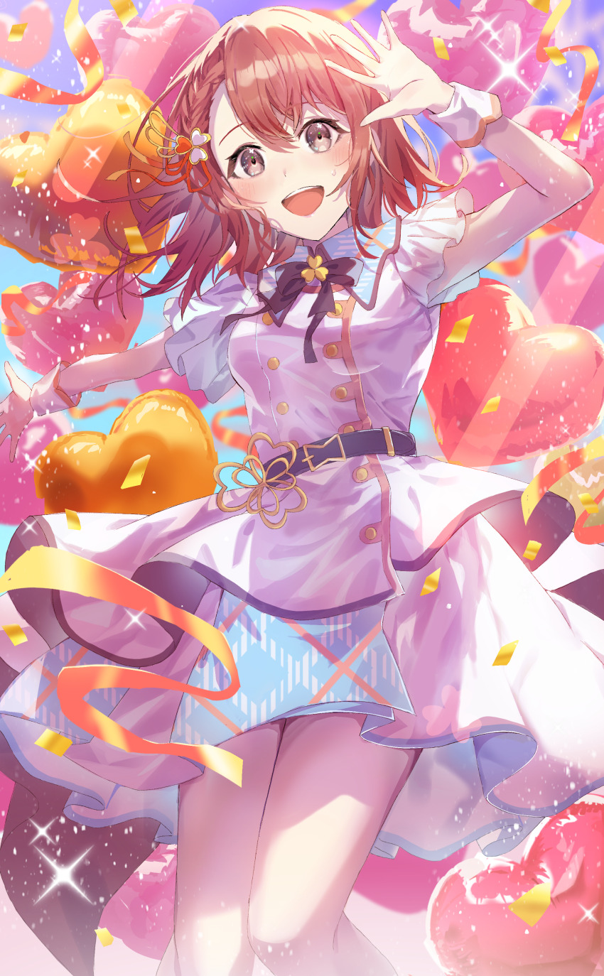 1girl, :d, absurdres, belt, black_belt, blush, brown_eyes, brown_hair