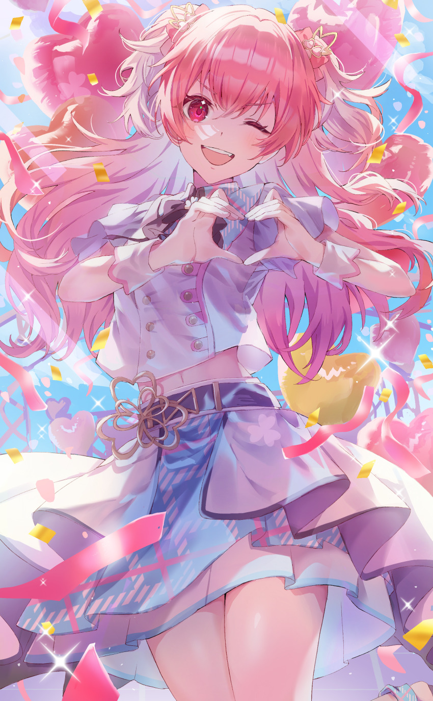 1girl, ;d, absurdres, balloon, blue_skirt, bow, cat_ear_heart_hands, floating_hair, hair_bow, heart, heart_balloon, heart_hands, highres, jacket, layered_skirt, long_hair, looking_at_viewer, miniskirt, momoi_airi, one_eye_closed, open_mouth, pink_bow, pink_hair, project_sekai, red_eyes, shirushi_06, short_sleeves, skirt, smile, solo, standing, standing_on_one_leg, stomach, very_long_hair, white_jacket, white_skirt