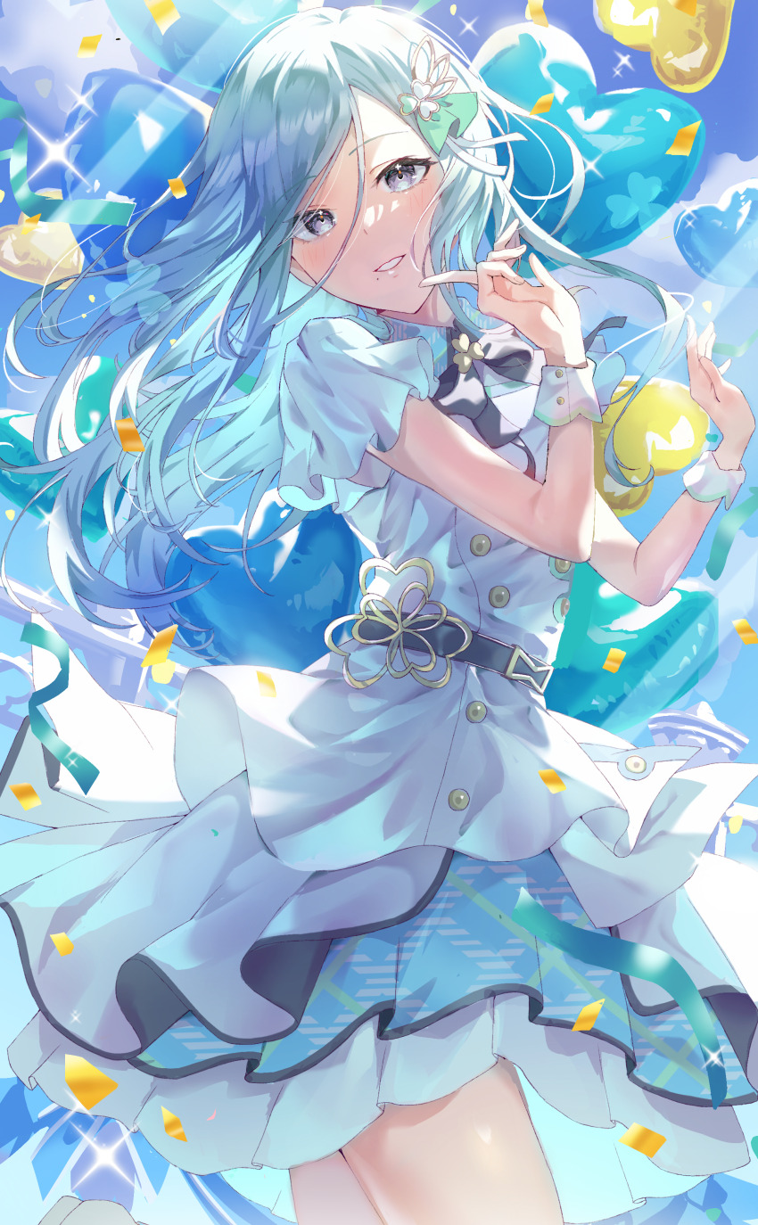 1girl, absurdres, balloon, belt, black_belt, blue_hair, blue_skirt, cowboy_shot