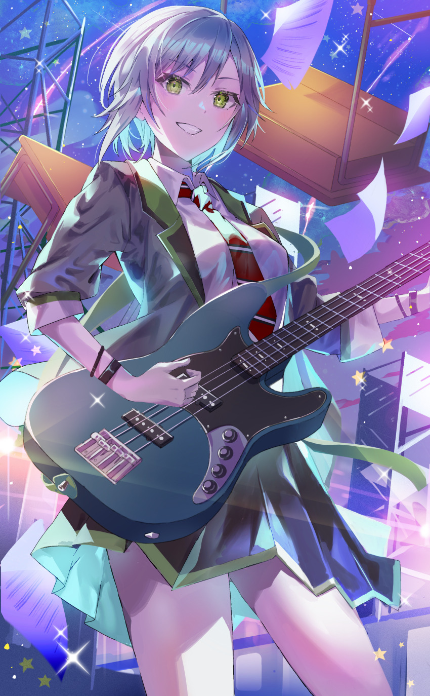 1girl, absurdres, black_skirt, blazer, bracelet, collared_shirt, green_eyes, grey_hair