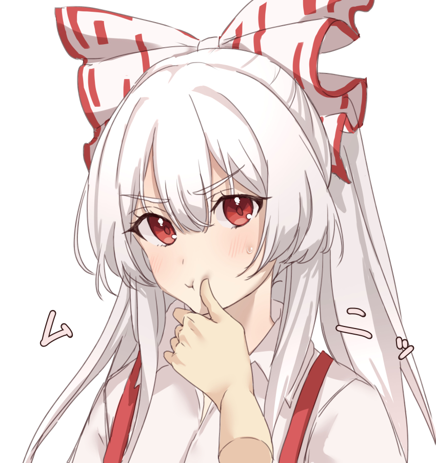 1girl, 1other, absurdres, blush, bow, chalc0, cheek_poking, closed_mouth