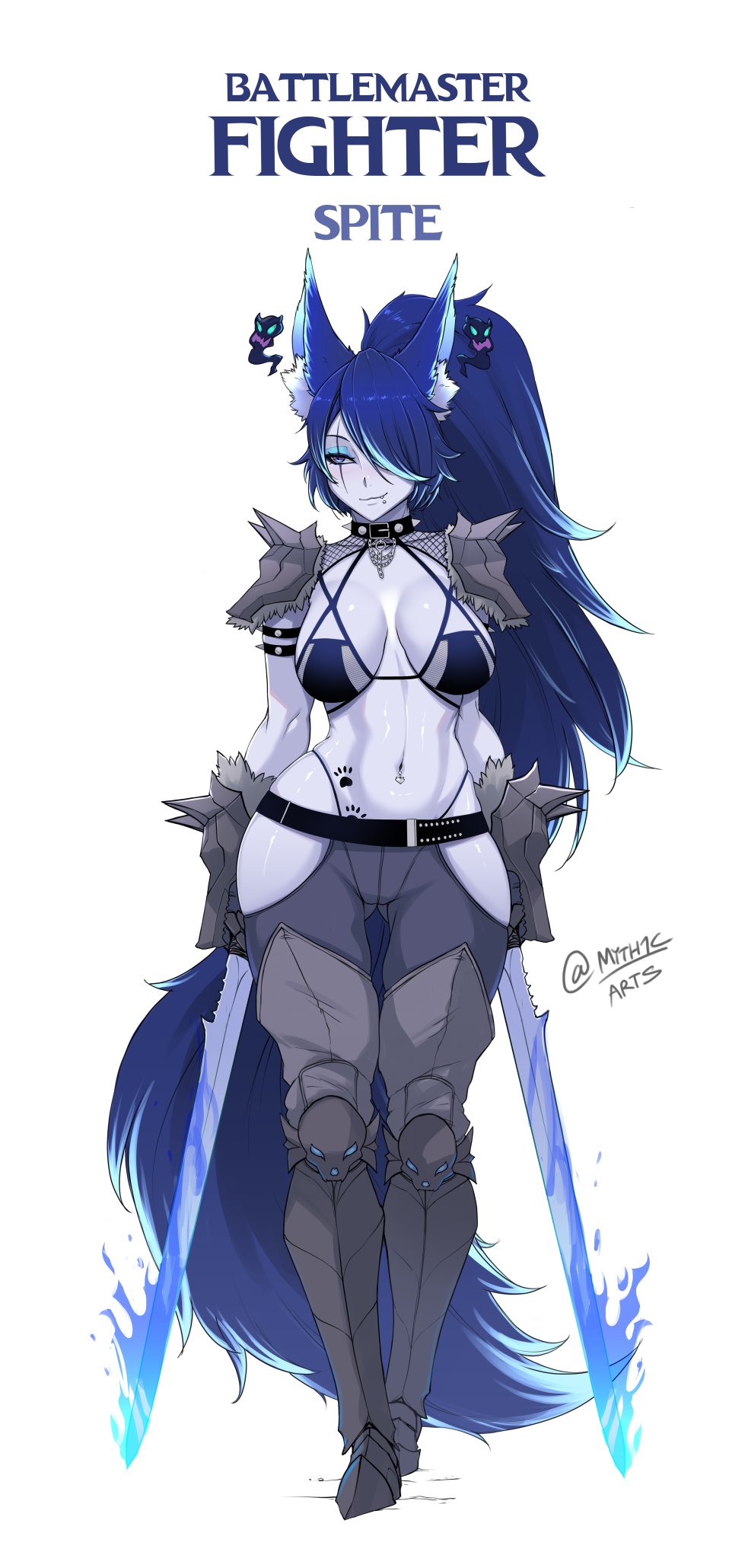 1girl, animal_ear_fluff, animal_ears, armor, bikini_armor, blue_eyes, blue_hair, breasts