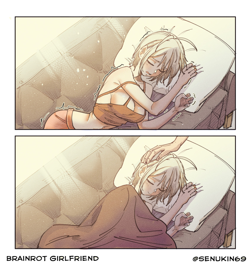 1boy, 1girl, 2koma, absurdres, antenna_hair, artist_name, blanket, blonde_hair