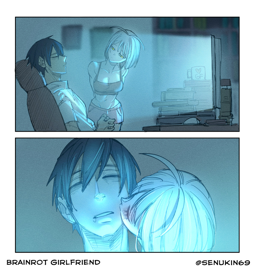 1boy, 1girl, 2koma, absurdres, antenna_hair, arms_behind_back, artist_name, black_hair