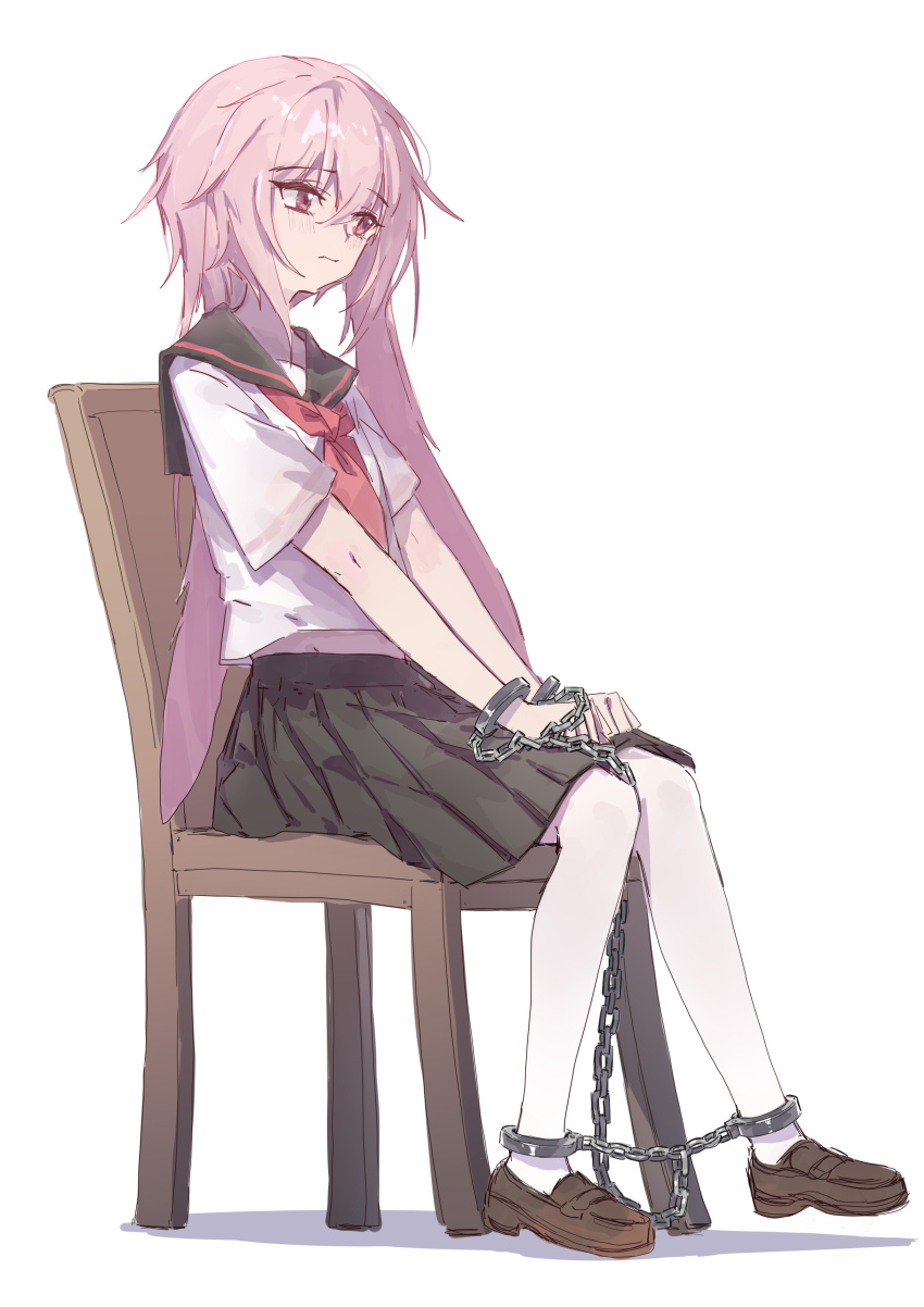 1boy, absurdres, alternate_costume, animal_ears, ansel_(arknights), arknights, chain, cuffs, handcuffs, highres, long_hair, midriff, midriff_peek, pink_eyes, pink_hair, pleated_skirt, sail, sailor_collar, sao7, school_uniform, skirt, solo, thighhighs, trap