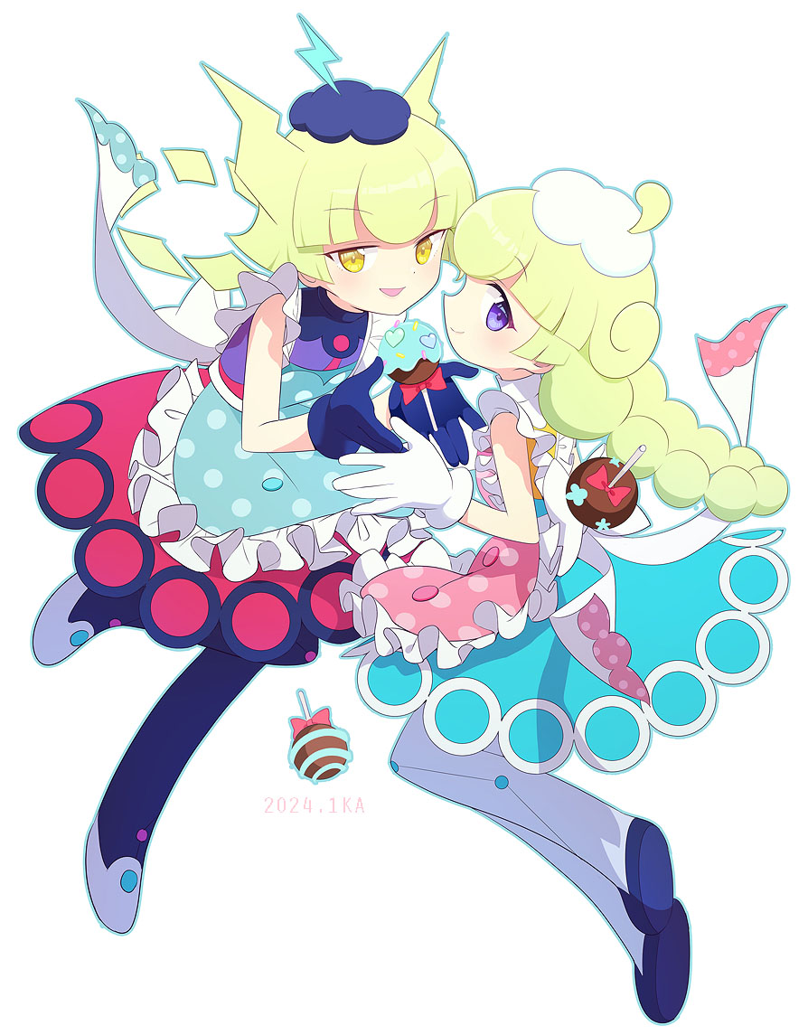 2girls, ahoge, apron, aqua_dress, back_ribbon, black_footwear, black_gloves, black_hat