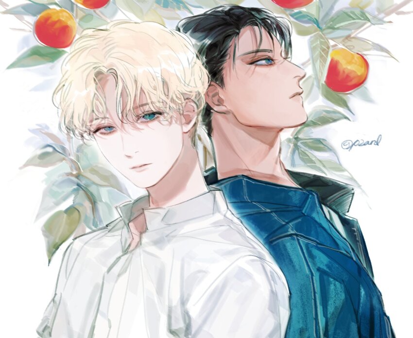 2boys, apple, artist_name, black_hair, blonde_hair, blue_eyes, blue_shirt, closed_mouth, commentary_request, dutch_angle, food, fruit, jeonghan_(seventeen), jun_(seventeen), k-pop, korean_commentary, male_focus, multiple_boys, pearl8, profile, real_life, seventeen_(group), shirt, short_hair, upper_body, white_shirt