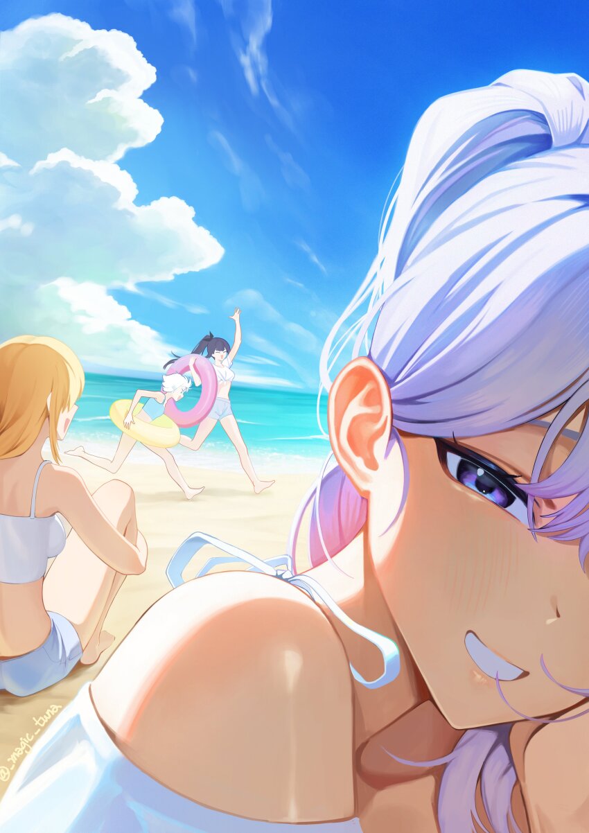 :d, absurdres, bare_shoulders, barefoot, beach, black_hair, blonde_hair, blue_sky