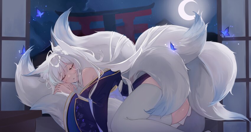 1girl, absurdres, animal_ear_fluff, animal_ears, azur_lane, bare_shoulders, blue_butterfly, blue_kimono