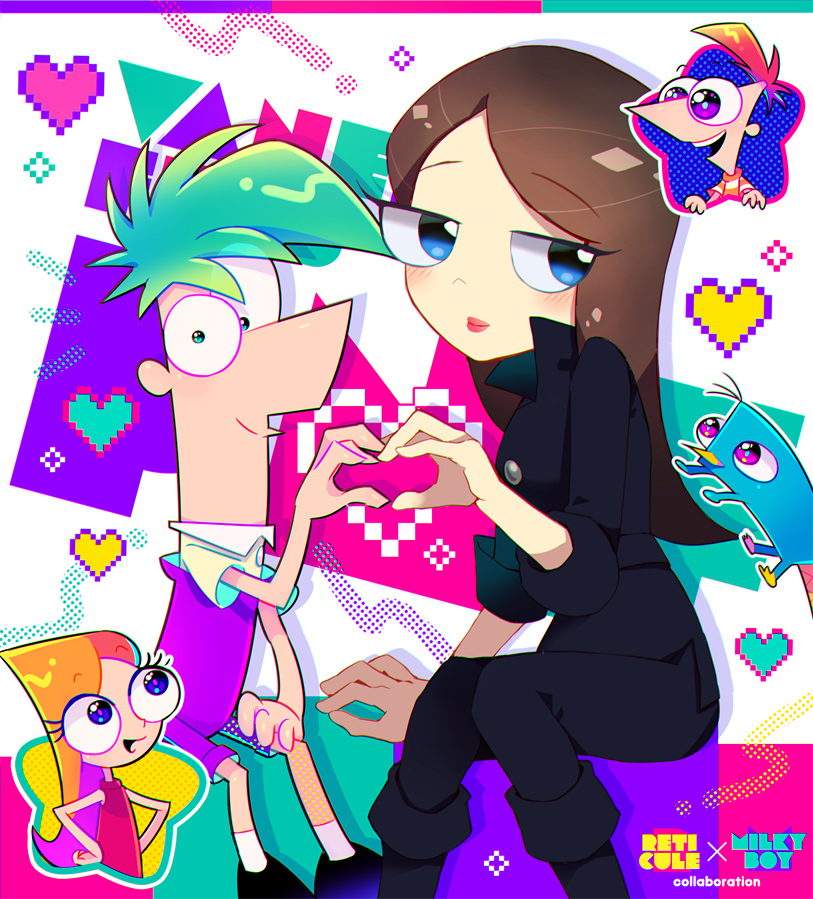 2boys, 2girls, artist_collaboration, artist_name, blue_eyes, brother_and_sister, brothers, brown_hair