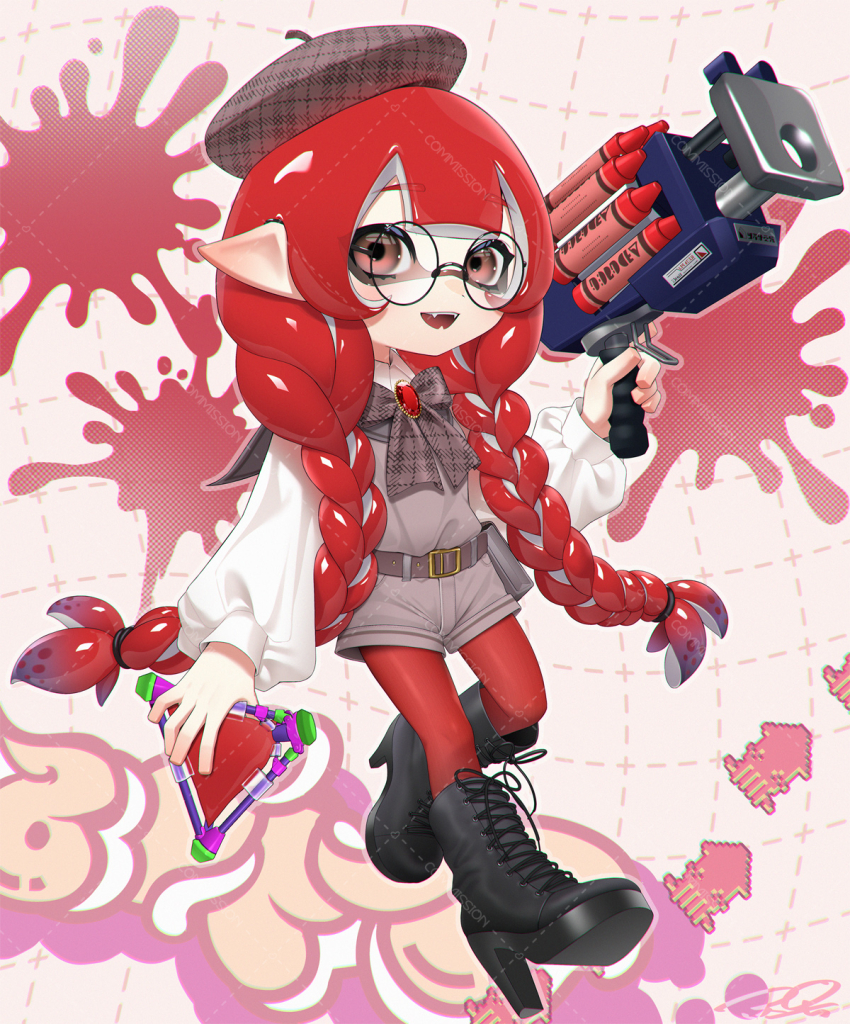 1girl, :d, belt, belt_buckle, beret, black_boots, boots, bow