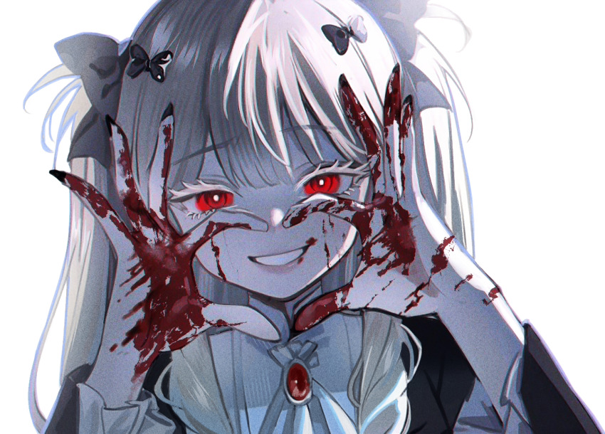 1girl, black_jacket, blonde_hair, blood, blood_on_face, blood_on_hands, bolo_tie, gem, gothic_lolita, hair_between_eyes, hair_ribbon, heart, heart_hands, jacket, lolita_fashion, mew_(mewrurirun), original, red_eyes, red_gem, ribbon, shirt, smile, two_side_up, white_shirt, yandere