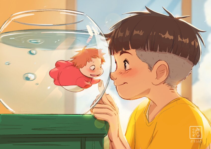 1boy, 1girl, black_hair, blush, bubble, child, commentary, english_commentary