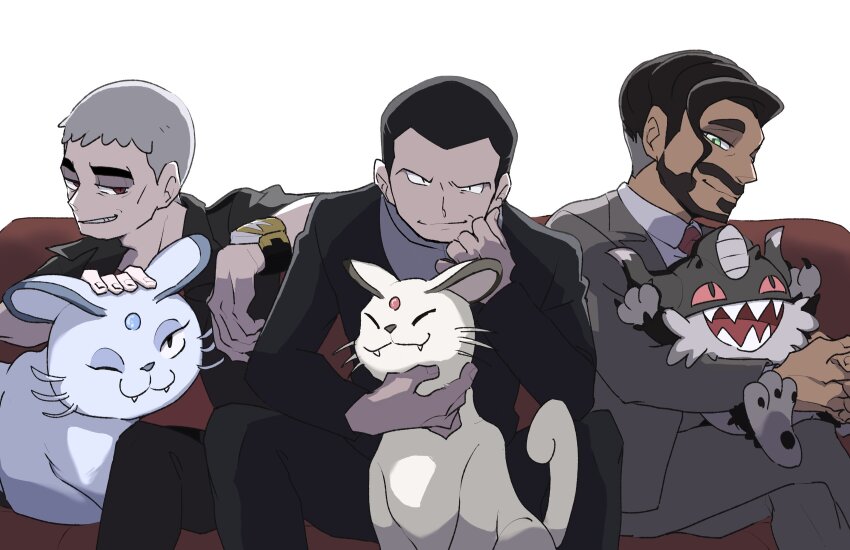3boys, 4keta, alolan_form, alolan_persian, arm_on_another's_shoulder, arms_up, bags_under_eyes, beard, black_hair, black_pants, black_suit, blue_gem, cat, claws, closed_eyes, collared_shirt, colored_sclera, commentary_request, couch, crossed_legs, dark-skinned_male, dark_skin, elbow_on_knee, facial_hair, fangs, feet_out_of_frame, forehead_jewel, formal_clothes, gem, gen_7_pokemon, gen_8_pokemon, giovanni_(pokemon), green_eyes, grey_fur, grey_hair, grey_pants, grey_shirt, grey_suit, hand_on_another's_chin, highres, horns, layered_sleeves, looking_at_viewer, looking_to_the_side, male_focus, mature_male, multiple_boys, mustache, nanu_(pokemon), necktie, nintendo, on_couch, on_lap, one_eye_closed, open_collar, open_mouth, own_hands_clasped, own_hands_together, pants, pawpads, perrserker, persian_(pokemon), pokemon, pokemon_red/green/blue/yellow, pokemon_sun_and_moon, pokemon_sword_and_shield, red_eyes, red_gem, red_necktie, red_sclera, rose_(pokemon), sharp_teeth, shirt, short_hair, sideways_glance, sitting, sitting_on_lap, sitting_on_person, smile, suit, tail, teeth, tongue, whiskers, white_background, white_fur, white_shirt, wing_collar