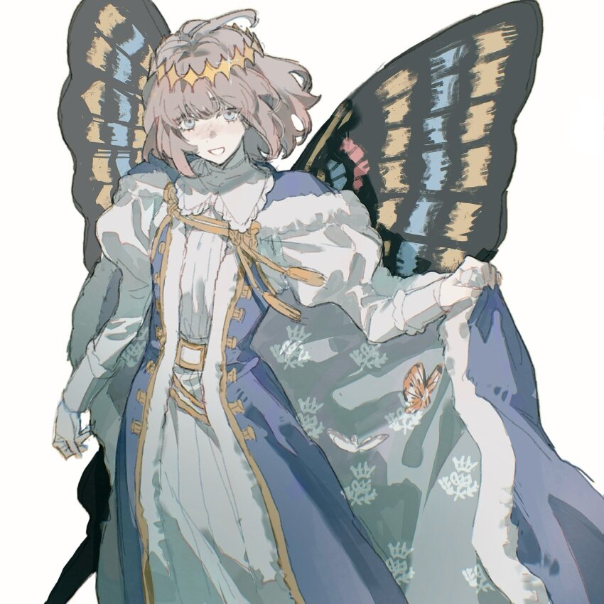 1boy, :d, ahoge, arm_at_side, blue_cape, blue_dress, blue_eyes, bug