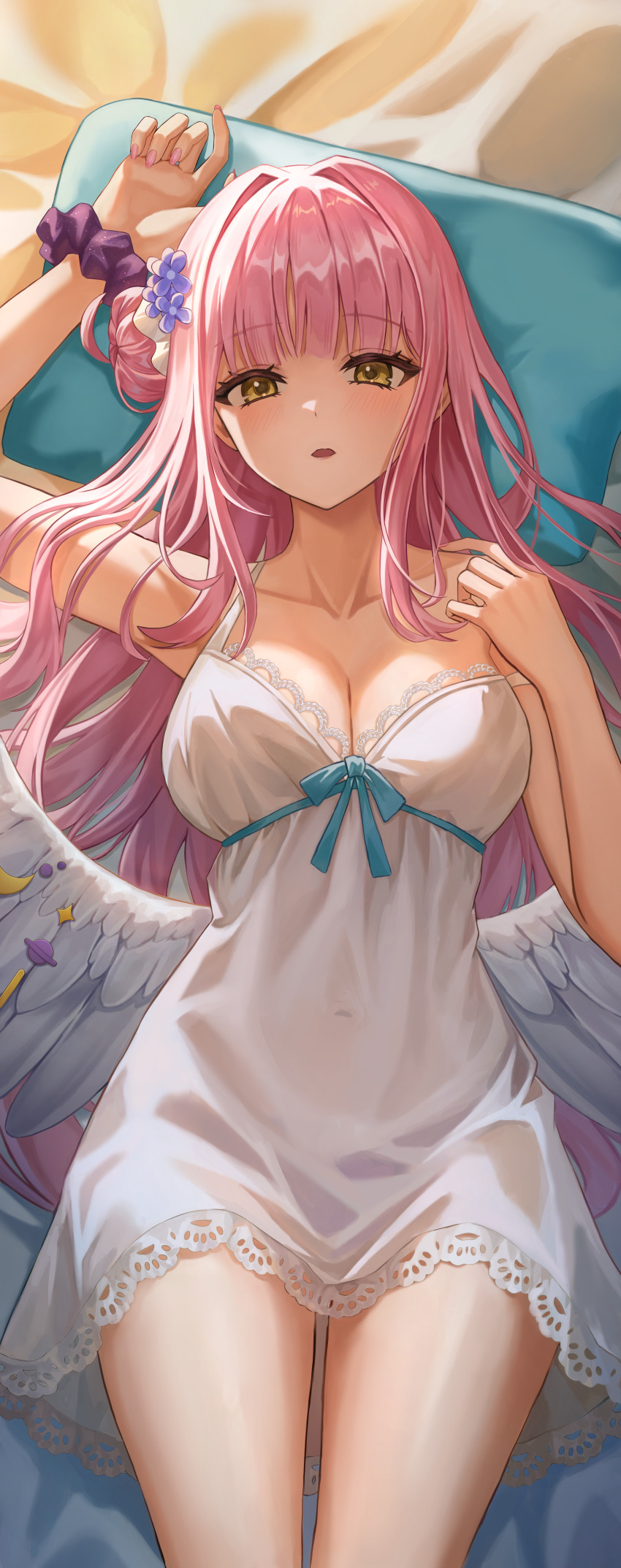 1girl, absurdres, alternate_costume, angel_wings, armpits, babydoll, bare_shoulders, blue_archive