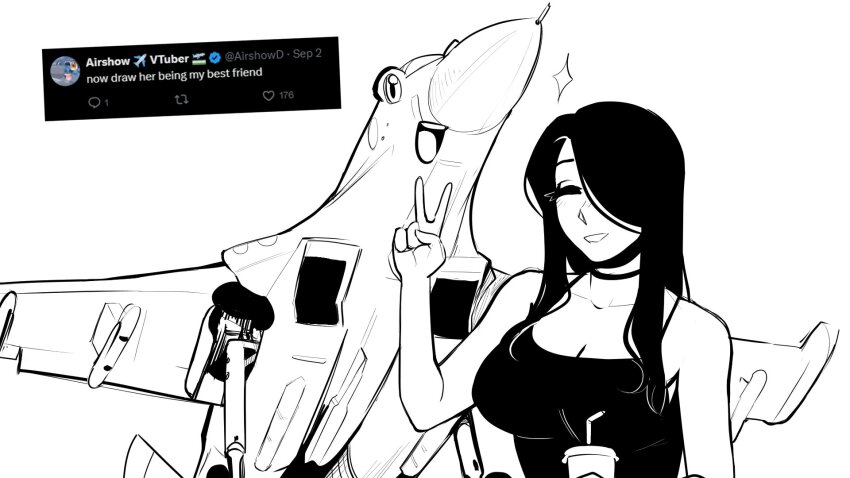 1girl, :d, aircraft, airplane, bare_shoulders, breasts, choker, cleavage