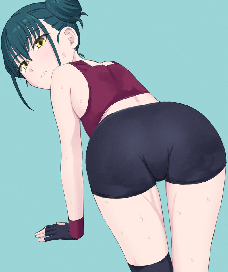 1girl, aqua_background, ass, azuma_yachiho, black_gloves, black_shorts, double_bun, easy_(aqk7bdqt)