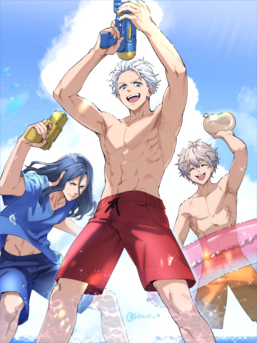 3boys, blue_eyes, blue_hair, blue_pants, blue_shirt, brown_hair, closed_eyes, cloud