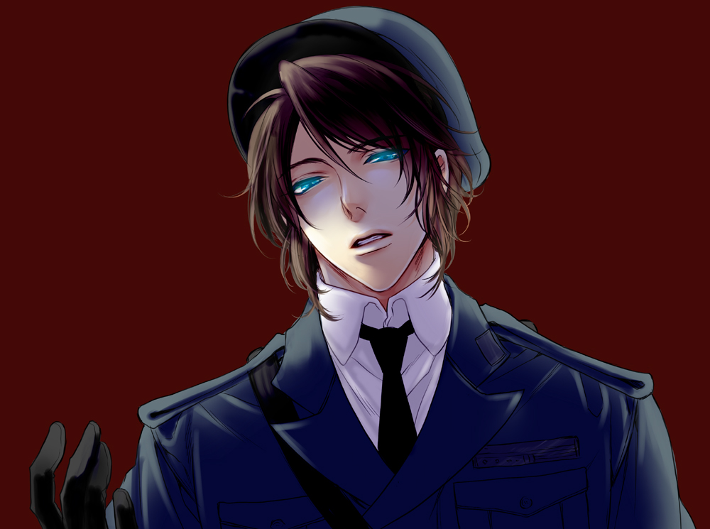 1boy, axis_powers_hetalia, bad_id, bad_pixiv_id, brown_hair, gloves, glowing, glowing_eyes, greece_(hetalia), green_eyes, hat, kyouko_(roughplus), male_focus, military, military_uniform, roughplus, simple_background, solo