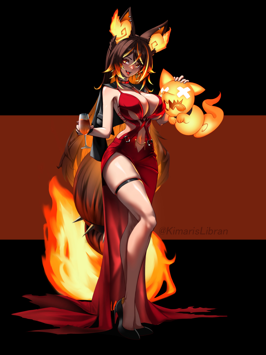 1girl, absurdres, animal_ears, breasts, brown_hair, collar, commentary, cosplay