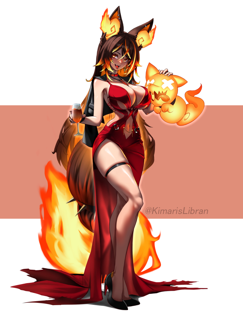 1girl, absurdres, animal_ears, breasts, brown_hair, collar, commentary, cosplay, cup, dress, drinking_glass, earrings, english_commentary, fangs, fire, full_body, goddess_of_victory:_nikke, hair_between_eyes, high_heels, highres, holding, holding_cup, indie_virtual_youtuber, jewelry, kimarislibran, large_breasts, long_hair, looking_at_viewer, navel, open_mouth, red_dress, red_hood_(nikke), red_hood_(nikke)_(cosplay), red_hood_(nonsense_red)_(nikke), sinder_(vtuber), skindentation, solo, standing, tail, teeth, thigh_strap, tongue, twitter_username, very_long_hair, virtual_youtuber, watermark, wine_glass