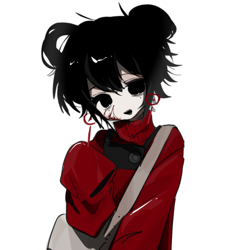 1girl, bags_under_eyes, black_eyes, black_hair, blood, blood_on_face, camera, camera_around_neck, chinese_commentary, commentary_request, earrings, empty_eyes, grey_bag, hair_bun, hair_rings, haokunhaokundeshuangren, high_collar, jacket, jewelry, li_yuting_(female), long_sleeves, mole, mole_under_each_eye, mole_under_eye, multiple_moles, open_mouth, red_jacket, short_hair, single_hair_bun, single_hair_ring, sleeves_past_fingers, sleeves_past_wrists, smile, solo, touqi_guaitan, upper_body