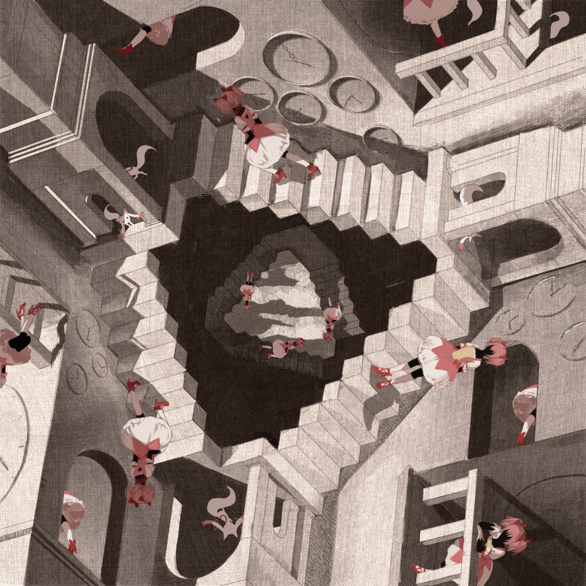 6+girls, absurdres, against_railing, black_skin, bow, bubble_skirt, chinese_commentary, clock