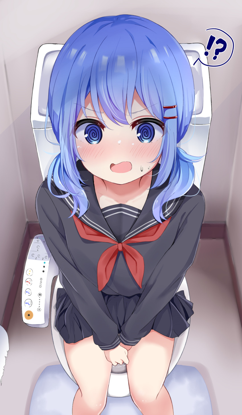 !?, 1girl, ?, @_@, absurdres, black_serafuku, blue_eyes, blue_hair, blush, covering_crotch, covering_privates, hair_ornament, hairclip, highres, komizu_umika, looking_at_viewer, nagomi_yayado, on_toilet, open_mouth, original, school_uniform, serafuku, surprised, sweat, toilet, toilet_paper, toilet_sink_combo, toilet_stall, toilet_use