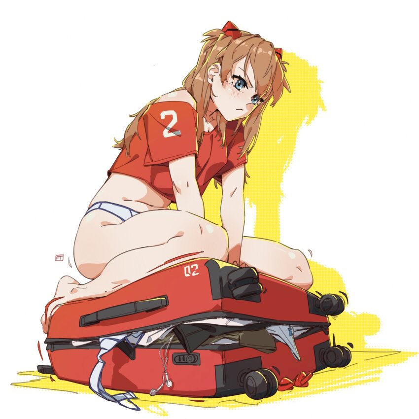 1girl, blue_eyes, commentary, crop_top, cropped_shirt, earphones, english_commentary, felix_thirasat