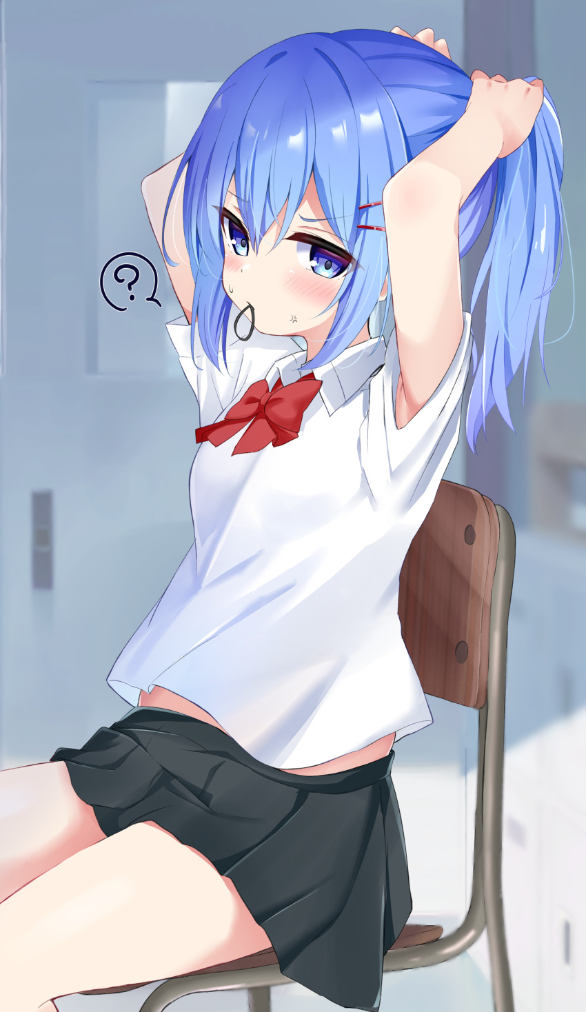 1girl, ?, absurdres, armpits, bare_legs, black_skirt, blue_eyes, blue_hair