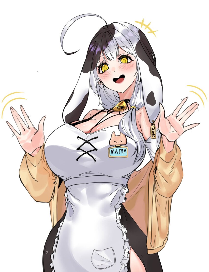 1girl, ahoge, apron, baejjal_(vtuber), bell, black_hair, blush, breasts