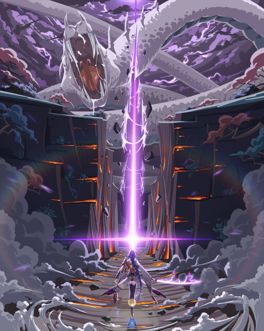 1girl, absurdres, armor, back, black_thighhighs, braid, bridal_gauntlets, cloud