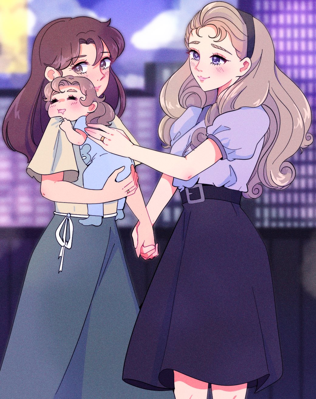 3girls, baby, black_hairband, black_skirt, blonde_hair, blue_skirt, blush, brown_eyes