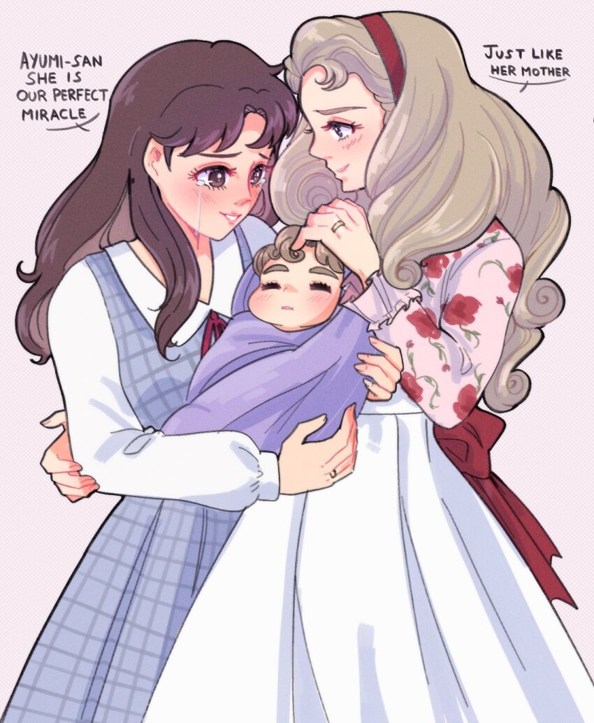 3girls, baby, blonde_hair, blue_dress, blush, brown_eyes, brown_hair, carrying, carrying_baby, carrying_person, commentary, commentary_request, crying, crying_with_eyes_open, dress, english_commentary, english_text, floral_print, glass_no_kamen, hairband, hand_on_another's_arm, highres, himekawa_ayumi, if_they_mated, ips_cells, jewelry, kitajima_maya, laura_(wisteriamemory_), long_hair, long_sleeves, mixed-language_commentary, mother_and_child, mother_and_daughter, multiple_girls, parent_and_child, parted_lips, pinafore_dress, pink_shirt, print_shirt, red_hairband, ring, rose_print, shirt, skirt, sleeveless, sleeveless_dress, smile, tears, wedding_ring, white_shirt, white_skirt, wife_and_wife, yuri
