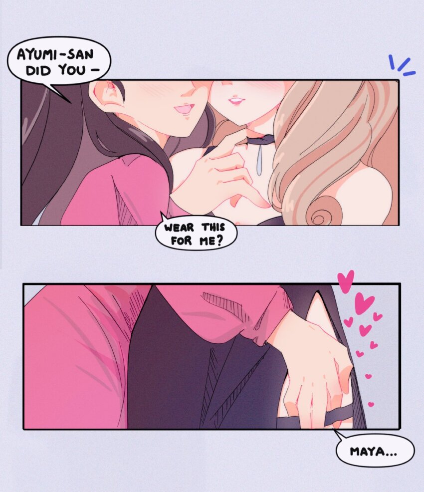 2girls, black_choker, black_dress, blonde_hair, blush, brown_hair, choker, choker_pull