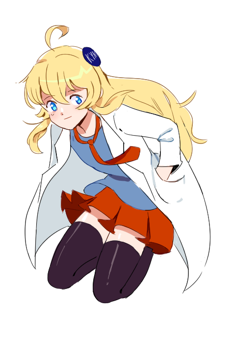 1girl, :|, ahoge, blonde_hair, blue_eyes, blue_shirt, cat-monster, closed_mouth, flat_chest, full_body, hair_between_eyes, hair_ornament, hands_in_pockets, jacket, kneeling, kym-tan, long_hair, long_sleeves, miniskirt, necktie, open_clothes, open_jacket, original, pleated_skirt, pocket, red_necktie, red_skirt, shirt, simple_background, skirt, solo, thighhighs, white_background, white_jacket, zettai_ryouiki