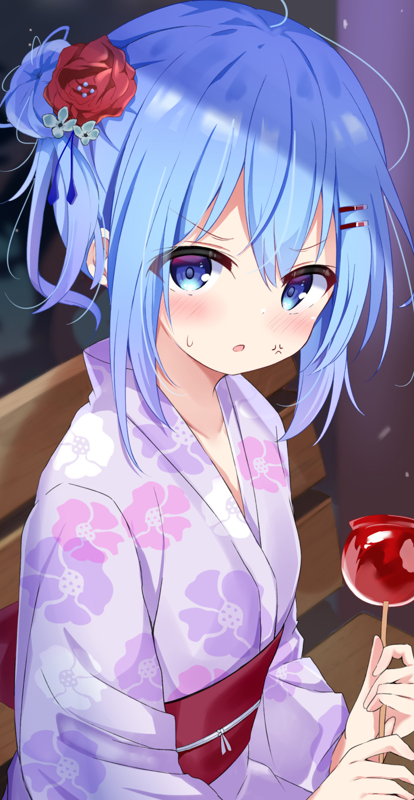 1girl, absurdres, anger_vein, bench, blue_eyes, blue_hair, blush, candy_apple