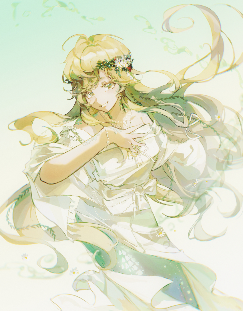 1girl, absurdres, aqua_background, blonde_hair, cowboy_shot, dress, floating_hair, flower, gradient_background, grin, hair_flower, hair_ornament, hand_on_own_chest, hand_up, highres, long_hair, long_sleeves, looking_at_viewer, mermaid, monster_girl, mrruaaa, reverse:1999, scales, smile, solo, very_long_hair, vila_(reverse:1999), white_dress, white_footwear